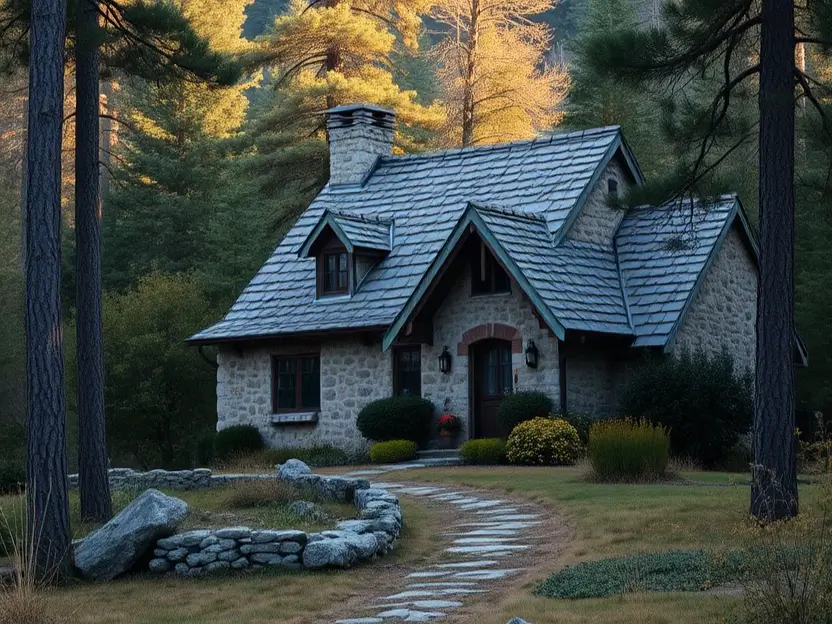 A peaceful stone cottage with a slate roof, dormer windows, and an arched doorway, surrounded by tall trees and soft morning light, with a winding stone path leading to the entrance.