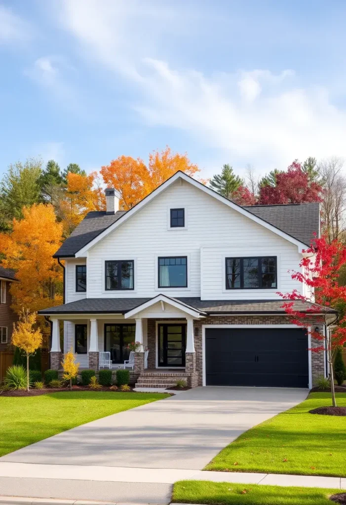 A modern suburban home with a white facade, black accents, and a brick base, surrounded by vibrant fall trees and a well-manicured lawn.