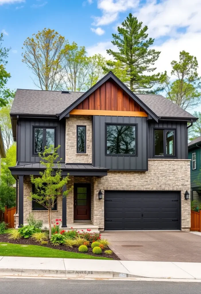 Modern suburban home featuring black paneling, stone facade, wooden accents, and vibrant landscaping, with a spacious driveway and large windows surrounded by trees.