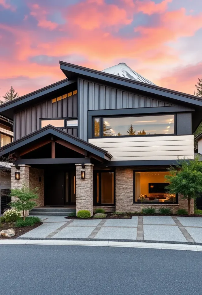 Modern suburban home with a dynamic roofline, black paneling, stone facade, large windows, and a sunset backdrop, featuring a stylish driveway and lush greenery.