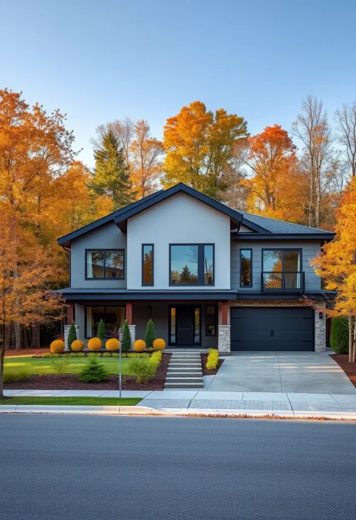 Modern suburban home with large windows, a neutral facade, and a sleek black garage, surrounded by vibrant autumn trees and manicured landscaping.