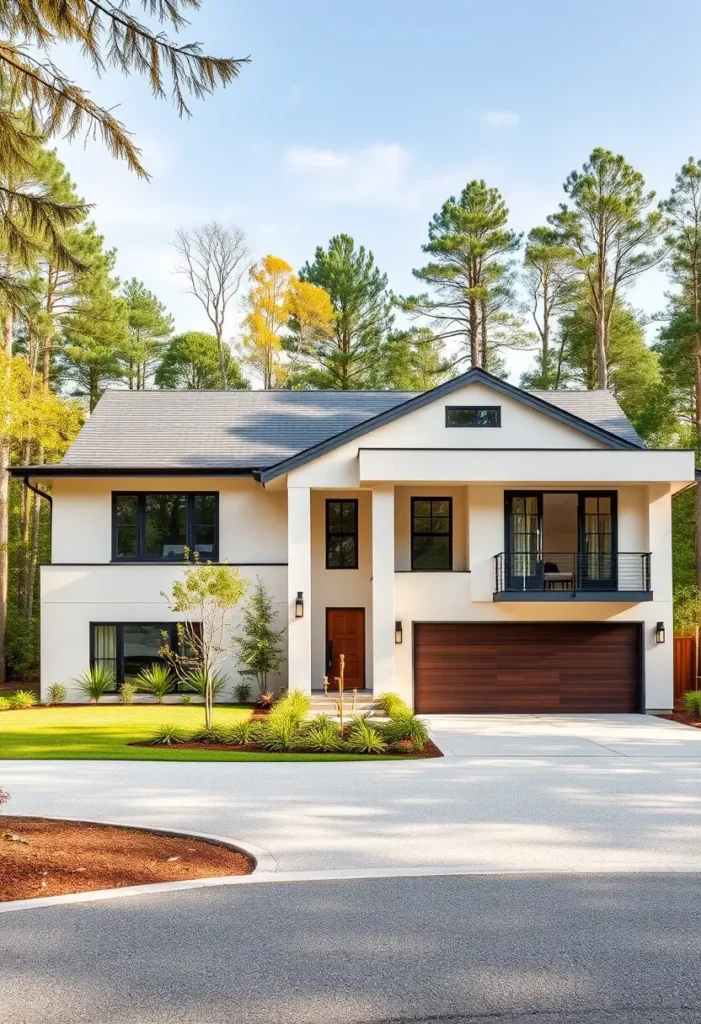 Modern suburban home with a white exterior, wood-accented garage, large windows, and lush greenery, set against a forested backdrop.