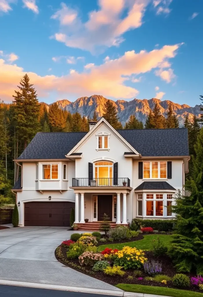 Elegant suburban home with a white facade, pristine landscaping, and large windows, set against a dramatic mountain backdrop and glowing sunset sky.