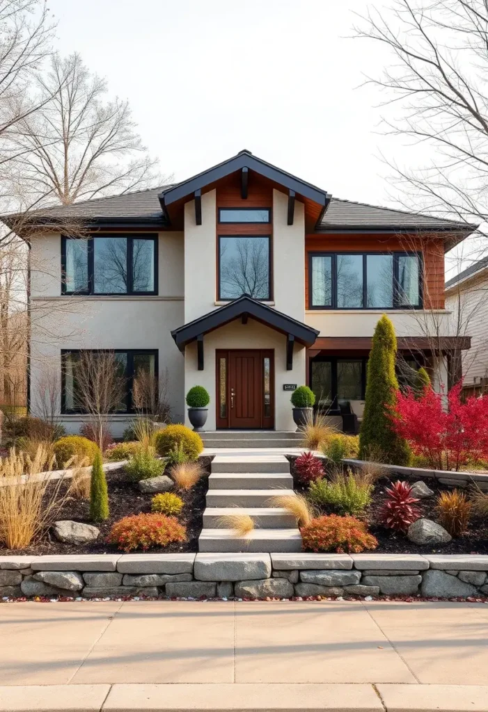 Modern suburban home with a neutral facade, wooden accents, large windows, and vibrant landscaping featuring tiered garden beds and colorful plants.