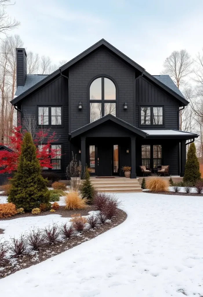 Modern suburban home with a bold black facade, arched windows, and snowy landscaping featuring vibrant red and evergreen accents.