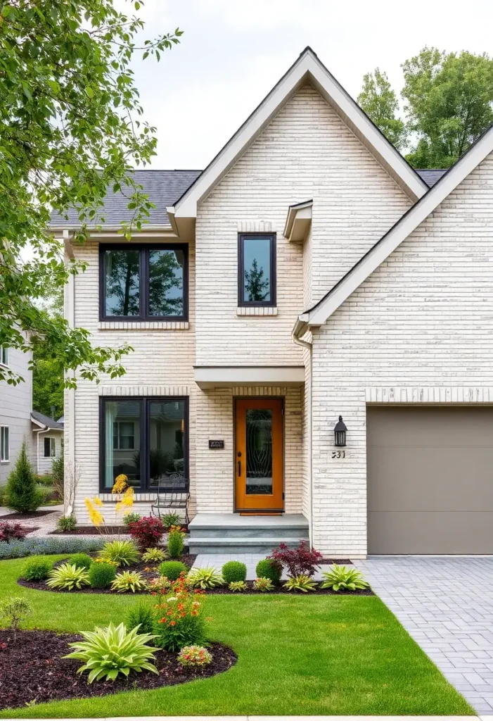 Suburban home with light brick facade, wooden front door, black-framed windows, and colorful landscaping featuring vibrant greenery and flowers.