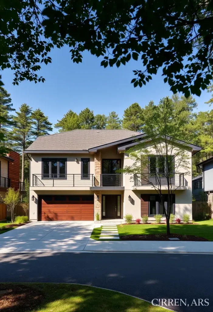 Contemporary suburban home with a neutral exterior, stone accents, black-framed windows, warm wooden garage, and lush green landscaping.