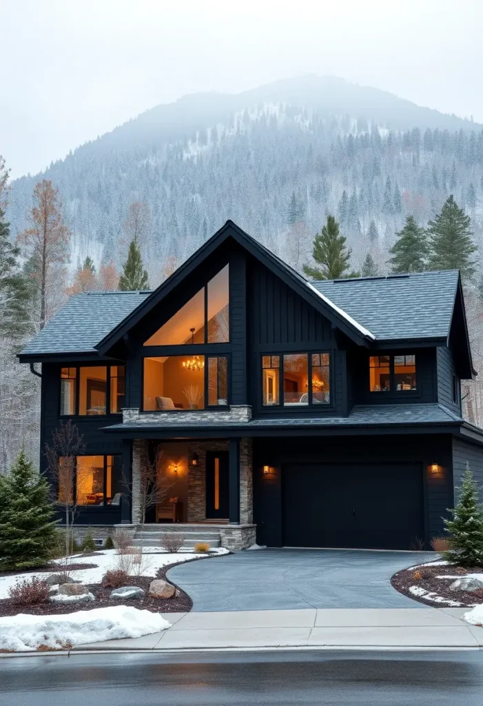 Bold suburban home with a black exterior, stone accents, large windows, and warm interior lighting, set against a snowy mountain backdrop.