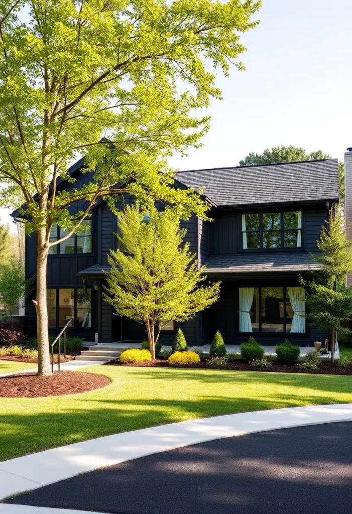 Modern suburban home with a sleek black exterior, large windows, manicured landscaping, and vibrant trees surrounding the property.