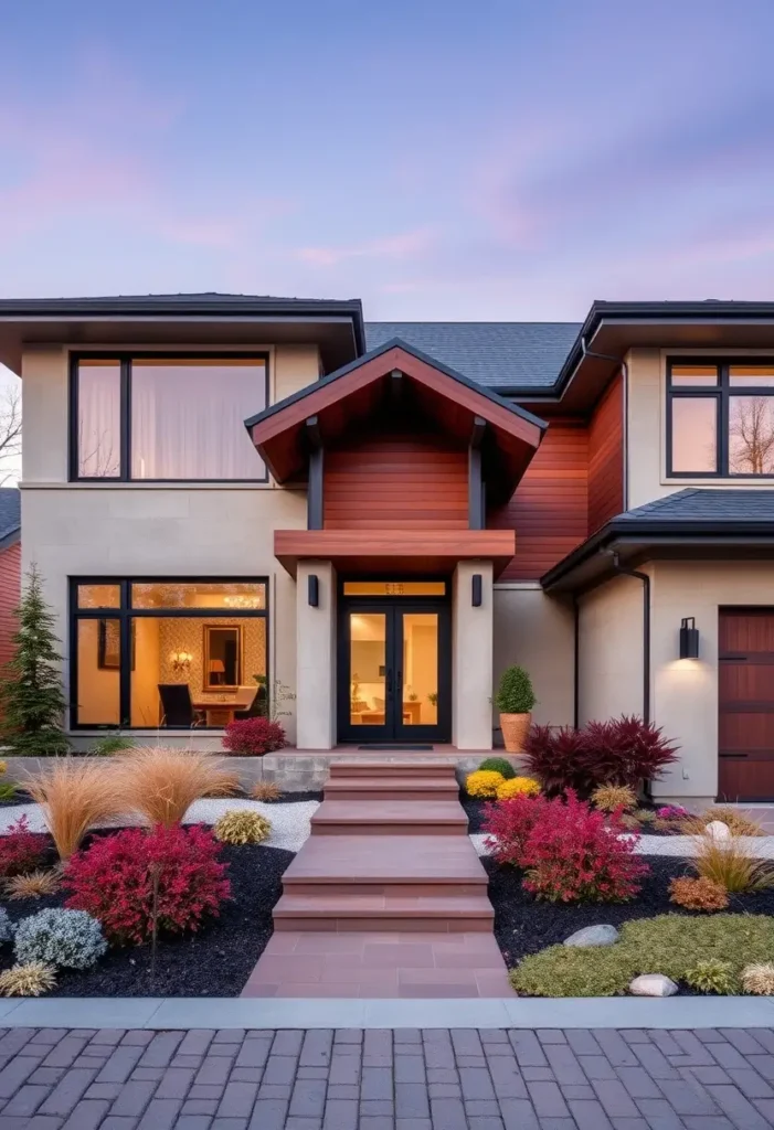 Modern suburban home featuring warm wood accents, large windows, vibrant landscaping with colorful shrubs, and a tiled pathway leading to the front door.