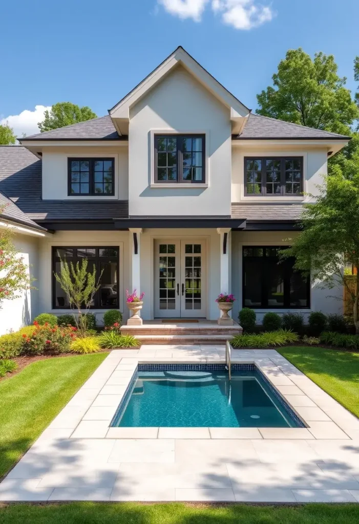 Contemporary home with a light exterior, black windows, and a backyard pool surrounded by colorful landscaping and greenery.