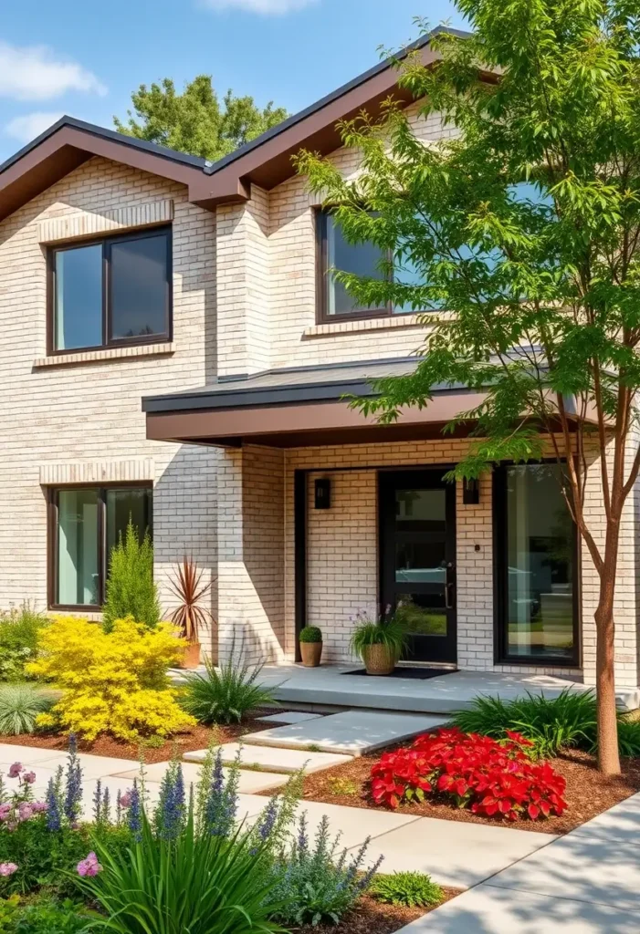 Light brick home with black-framed windows, a vibrant garden featuring red and yellow plants, and a clean modern design.