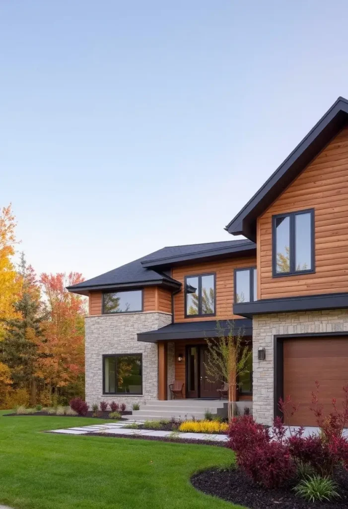 Modern suburban home with natural wood siding, stone accents, black-framed windows, and vibrant landscaping, set against an autumn backdrop.