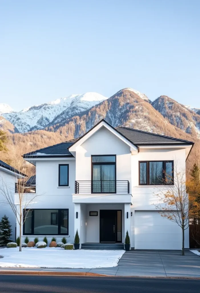 Modern suburban home with a white exterior, black-framed windows, and a snowy mountain backdrop, surrounded by minimalist landscaping.