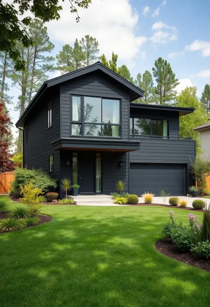 Modern home with a black exterior, large windows, lush green lawn, and vibrant landscaping featuring shrubs and ornamental plants.