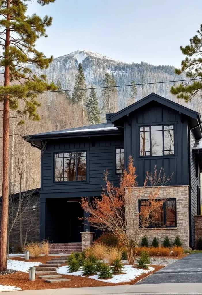 Modern black home with stone accents, a landscaped yard featuring shrubs and bare trees, set against a snowy mountain backdrop.