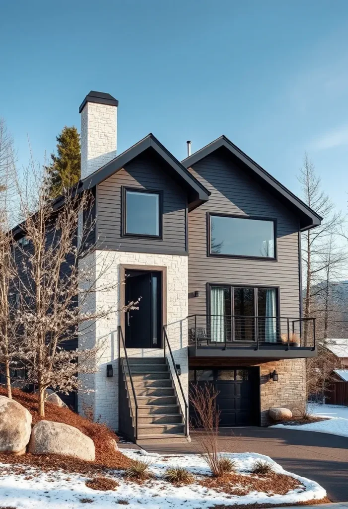 Modern home with black siding, white stone accents, large windows, and minimalist landscaping on a snowy hillside.