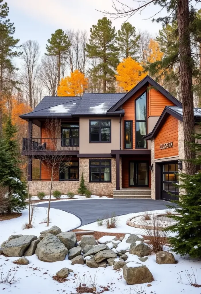 Woodland home with warm wood siding, stone accents, large windows, and a snowy landscape surrounded by trees.