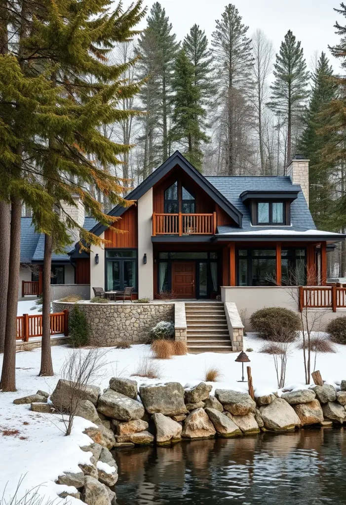 Lakeside home with warm wood accents, natural stone walls, large windows, and a snowy landscape surrounded by tall trees.