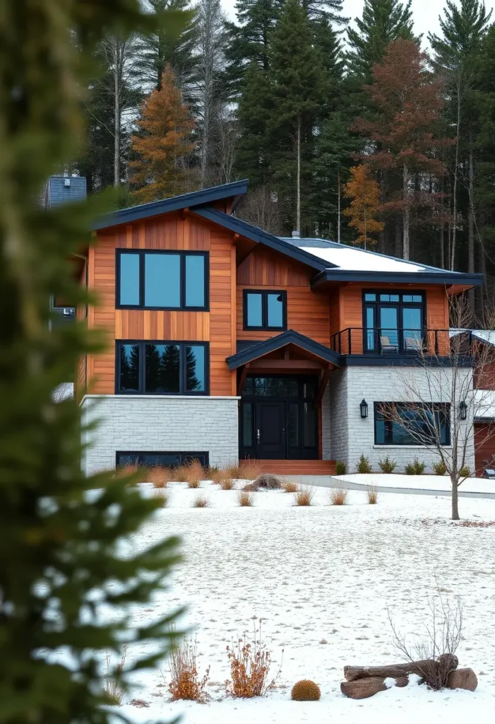 Modern home with cedar siding, stone accents, black-framed windows, and a snowy woodland landscape.