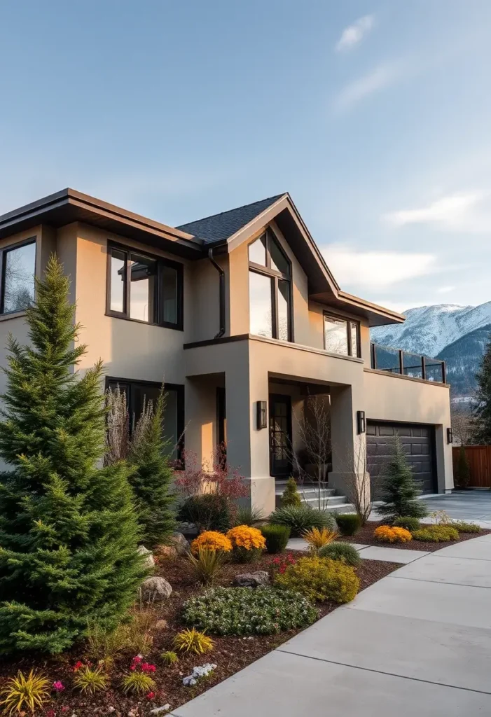  Contemporary home with beige siding, black-framed windows, vibrant landscaping, and a backdrop of snowy mountains.