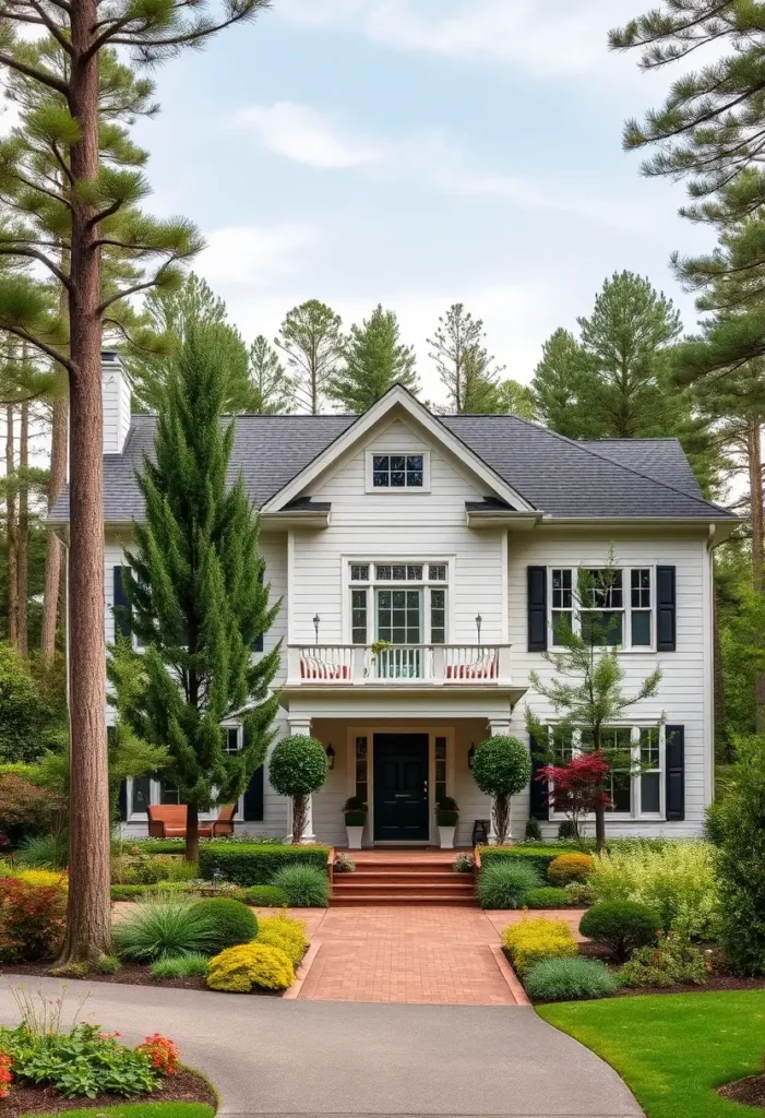 Colonial-style white home with black shutters, a front porch, vibrant landscaping, and tall pine trees in the background.