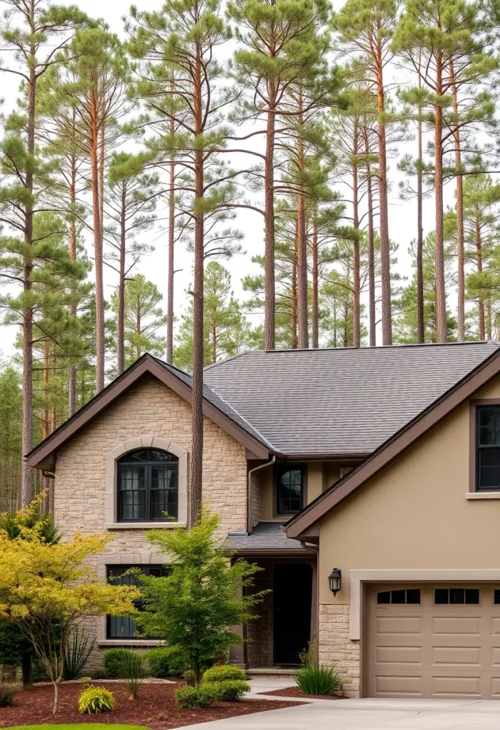  Suburban home with stone accents and beige tones, surrounded by tall pine trees and lush greenery.