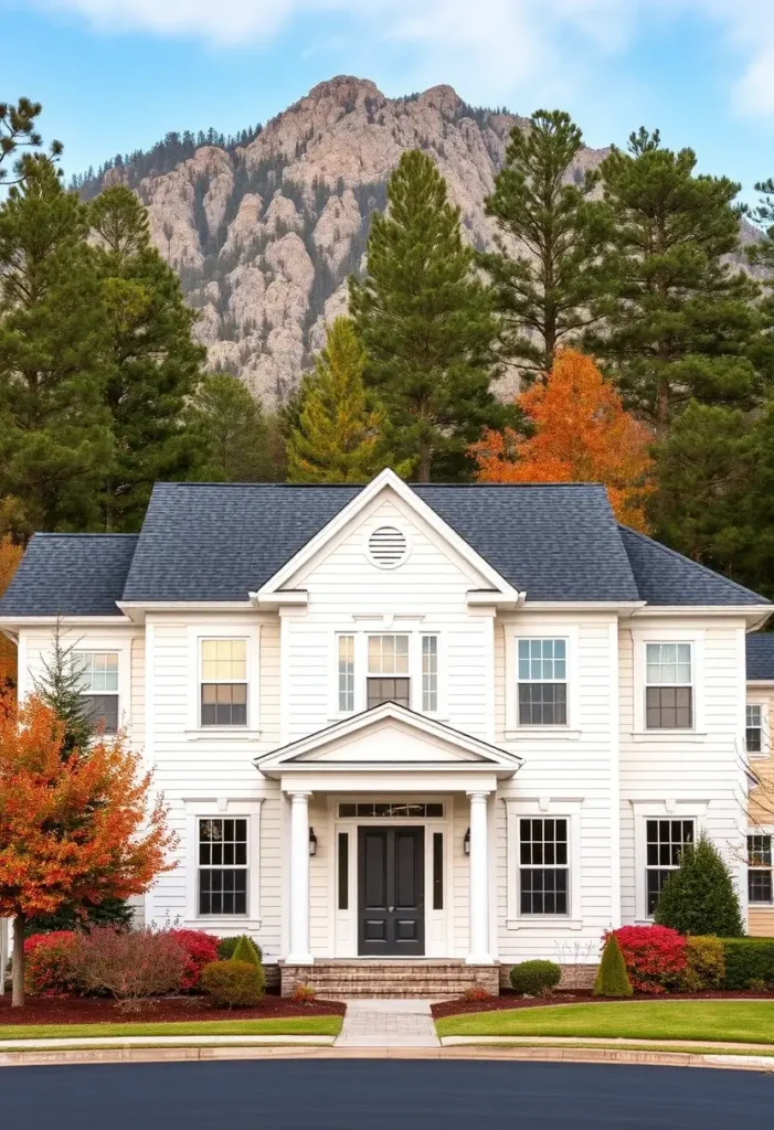 White colonial-style home with a dark roof, black door, and vibrant fall foliage, framed by a scenic mountain backdrop.