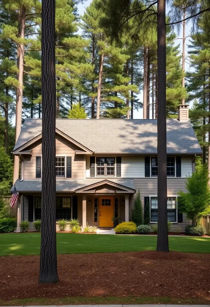 Two-story suburban cottage surrounded by tall pines, featuring a yellow door, classic shutters, and a neatly landscaped lawn.