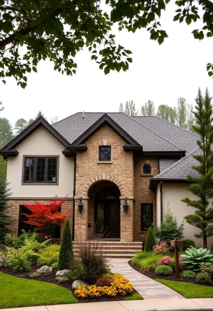 Suburban home with a stone facade, arched entryway, and lush front garden featuring colorful plants and shrubs.