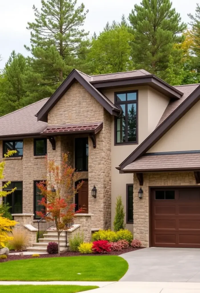 Modern suburban home with stone and stucco exterior, surrounded by vibrant seasonal landscaping and a sleek driveway.