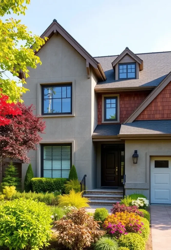 Contemporary suburban home with cedar accents, black window frames, and a vibrant garden featuring colorful foliage and manicured shrubs.