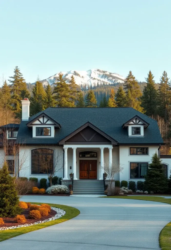 Colonial-style white suburban home with a mountain backdrop, large columns, a black roof, and landscaped gardens with colorful shrubs.