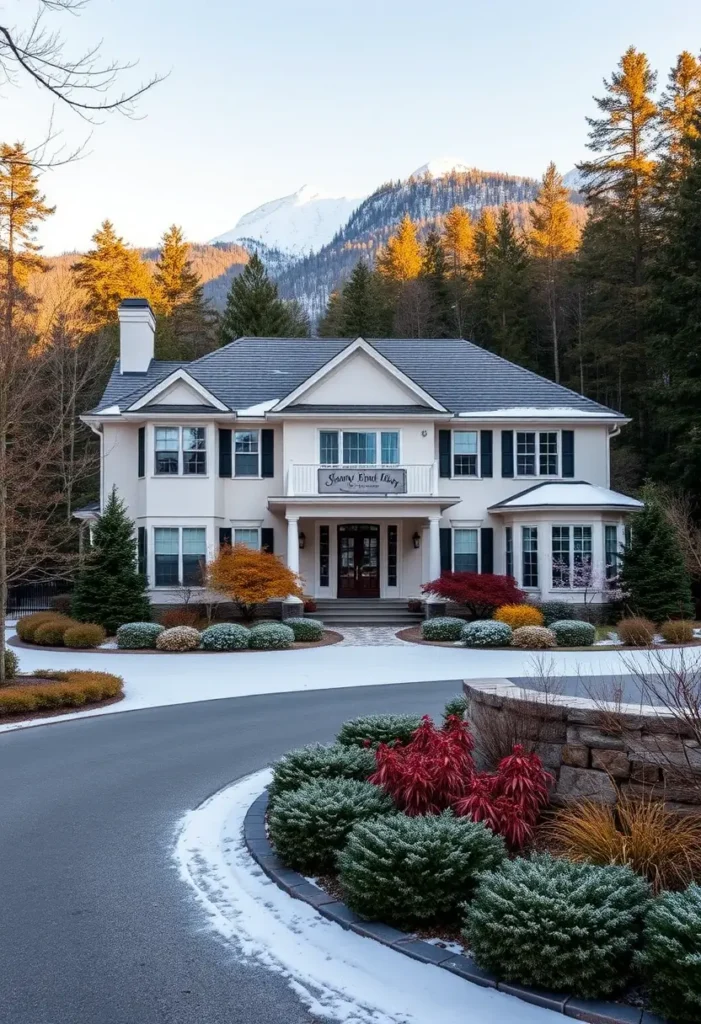 Elegant white estate with columns, landscaped garden, circular driveway, and a snow-dusted foreground against a mountain backdrop.