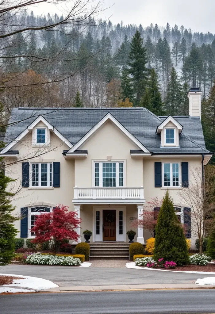 Cream-colored two-story suburban home with navy shutters, a white balcony, and vibrant landscaping set against a misty forest backdrop.