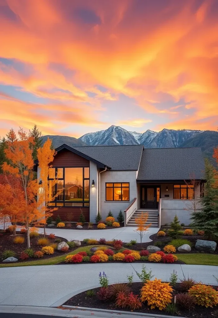 Modern single-story suburban home with large windows, vibrant fall landscaping, and a picturesque mountain backdrop at sunset.