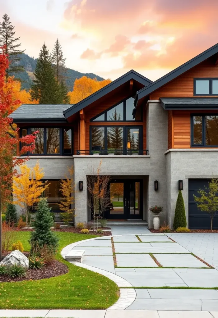 Modern suburban home with wood and stone accents, surrounded by colorful autumn trees and a landscaped path leading to the entrance.