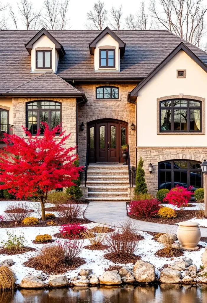 Stone suburban home with arched windows, vibrant red trees, and snow-covered landscaping, featuring a grand staircase leading to the main entrance.