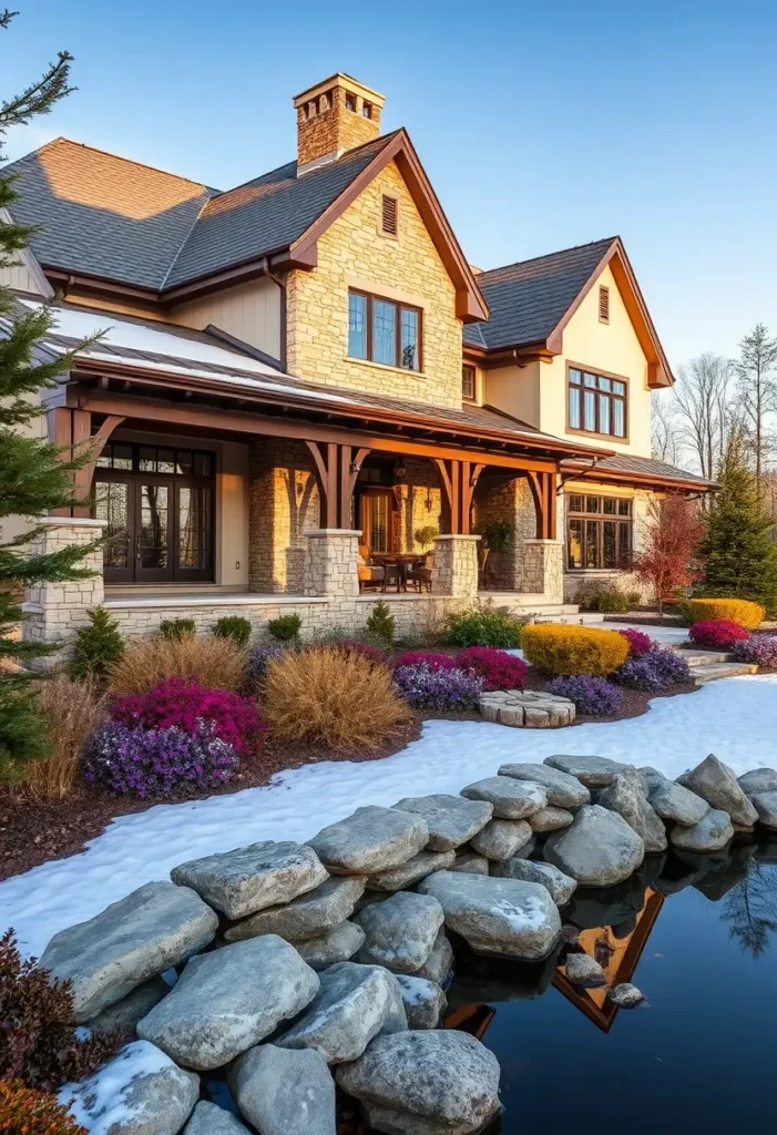 Suburban home with rustic stone and wooden beams, colorful flower beds, snowy landscaping, and a serene stone-lined pond.