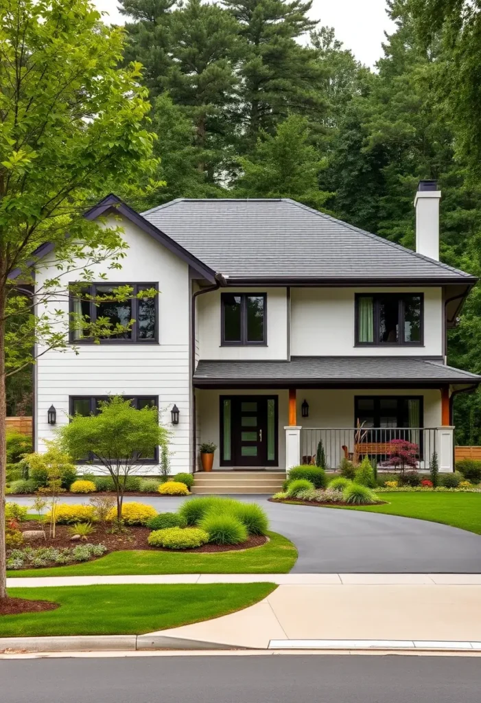 Modern suburban home with white siding, dark accents, a porch, and lush, colorful landscaping.