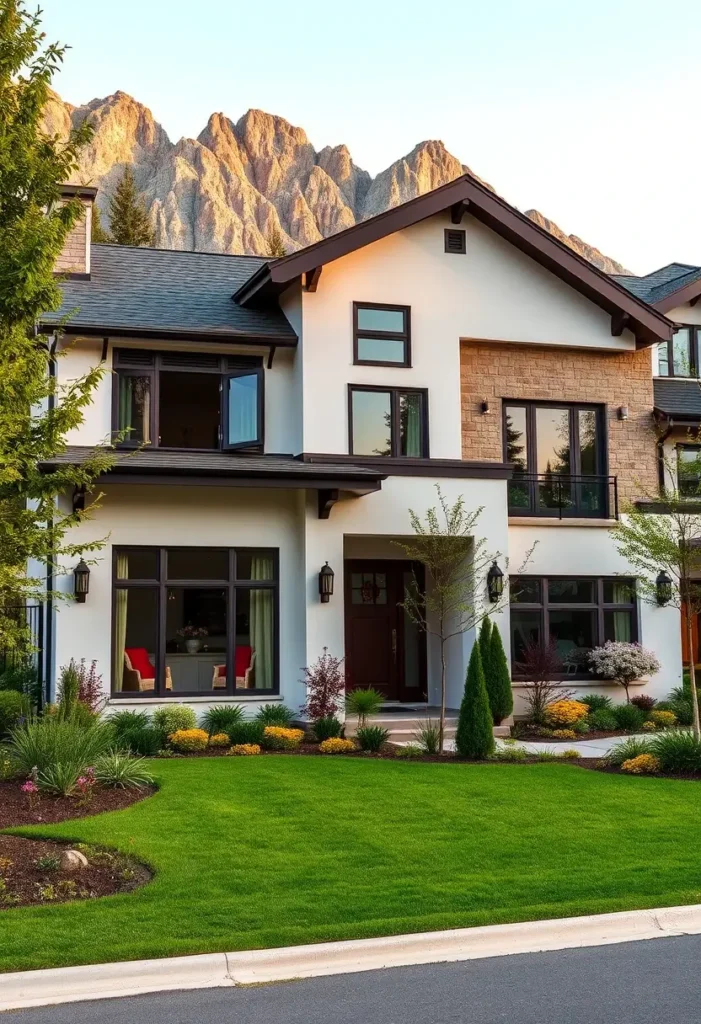 Contemporary suburban home with natural stone accents, vibrant landscaping, and a mountain view in the background.