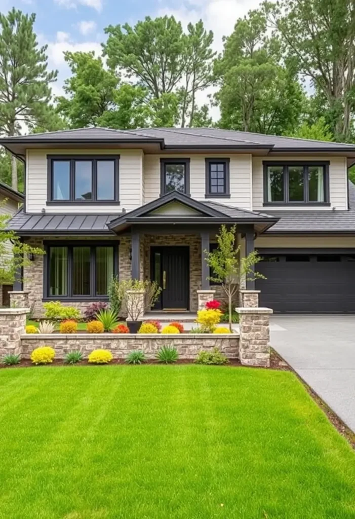 A modern suburban home with stone accents, vibrant landscaping, and a lush green lawn.