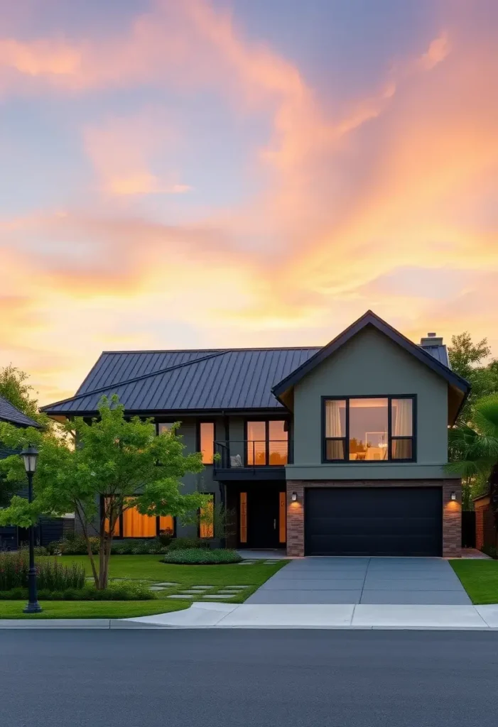 A modern suburban home with a sleek metal roof, large windows, and ambient lighting, set against a vibrant sunset backdrop.