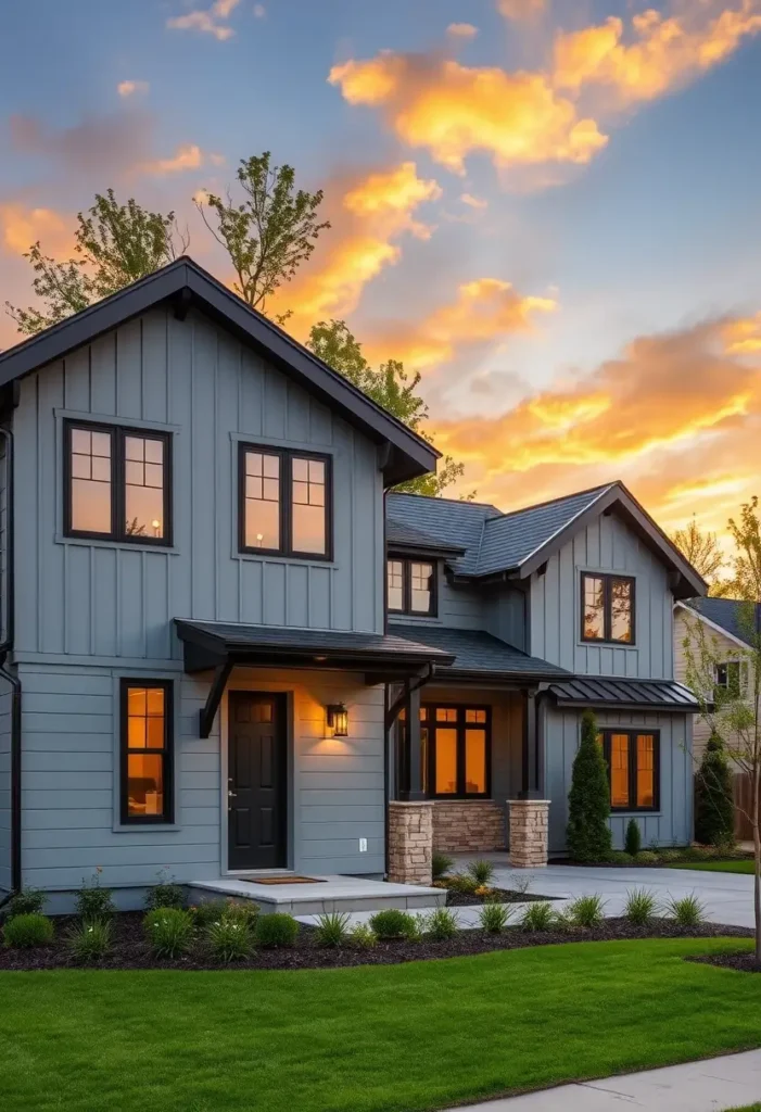 A contemporary farmhouse-style suburban home with blue siding, dark trims, and warm lighting, framed by a stunning sunset sky.