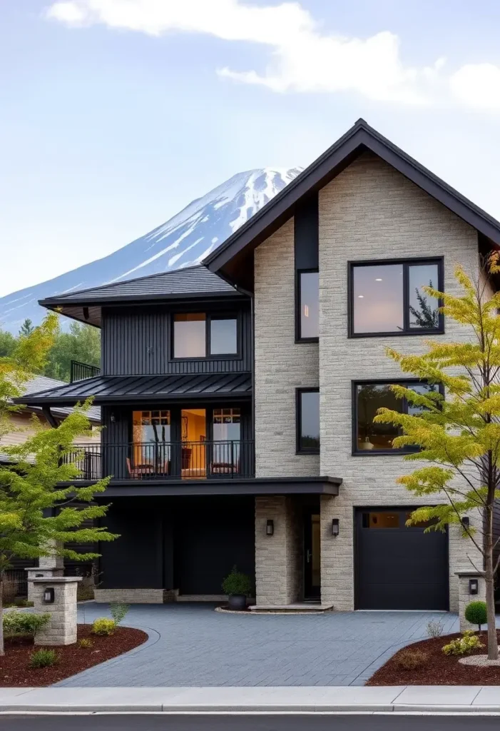 A modern suburban home with black and stone exterior, large windows, and a stunning snow-capped mountain backdrop.