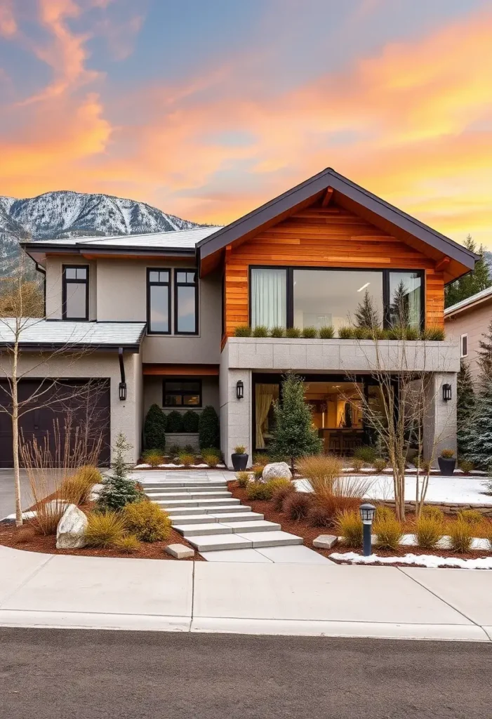 A contemporary suburban home with a mix of concrete and wooden finishes, large windows, and a landscaped front yard with a stone pathway under a colorful evening sky.