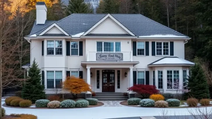 Elegant white estate with columns, landscaped garden, circular driveway, and a snow-dusted foreground against a mountain backdrop. II