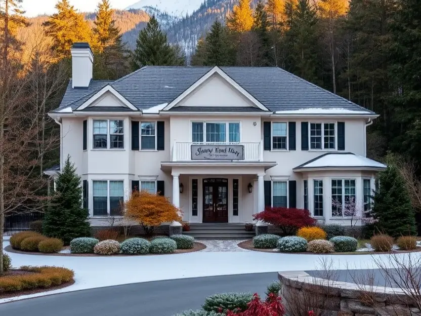 Elegant white estate with columns, landscaped garden, circular driveway, and a snow-dusted foreground against a mountain backdrop. II