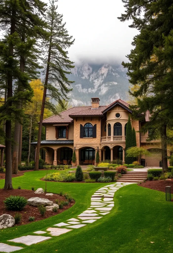 Tuscan villa with a stone facade, terracotta roof, arched windows, stone pathway, manicured gardens, and a misty mountain backdrop surrounded by evergreen trees.