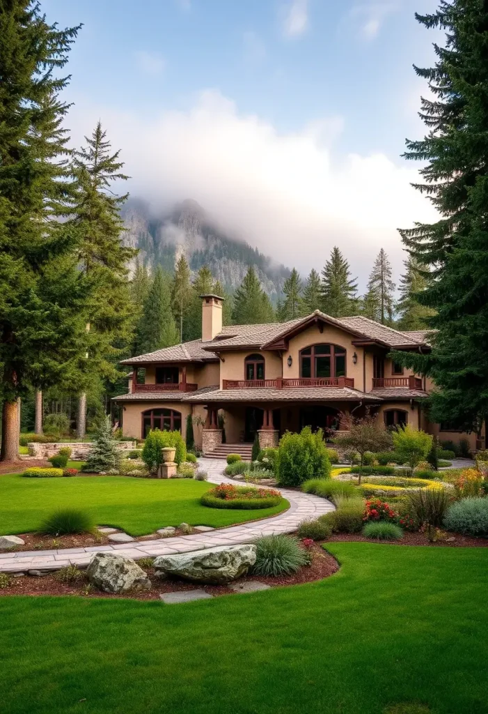 Tuscan villa with tiled roof, arched windows, stone pathway, vibrant gardens, and a misty mountain backdrop surrounded by forest.